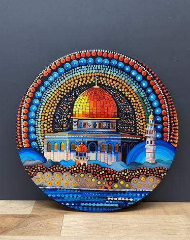  Bohemian-Style Dome of the Rock Mosque Wooden Wall Art - Vibrant Round Hanging Plaque with Colorful Dome & Minaret 