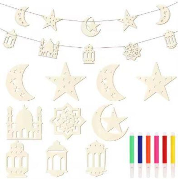  Eid Mubarak DIY Color Your Own-Pendants-Moon-Star Lantern Patterned Banner with Paint--Ramadan Activity Set 