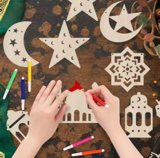  Eid Mubarak DIY Color Your Own-Pendants-Moon-Star Lantern Patterned Banner with Paint--Ramadan Activity Set 