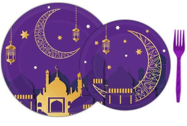  Ramadan Mubarak Disposable Party Tableware Set with Assorted Colors-Designs Plates, Cups, Napkins 