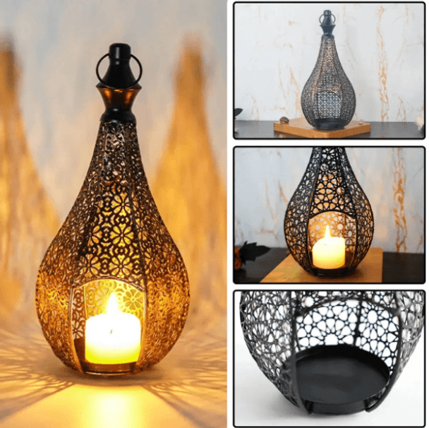  Elegant Wrought Iron Moroccan Lantern – Retro Metal Candle Holder with Included Candles for a Cozy Atmosphere! 