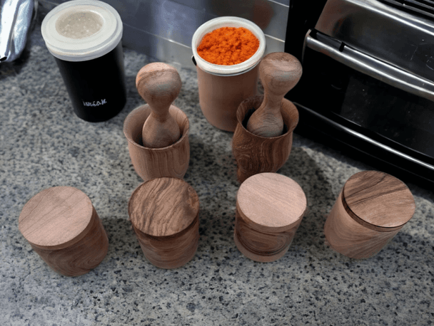 Moroccantastics Mortar & Pestle & 4 Walnut Wood Jars & 4 Spoons Moroccan Elegance in Your Kitchen 