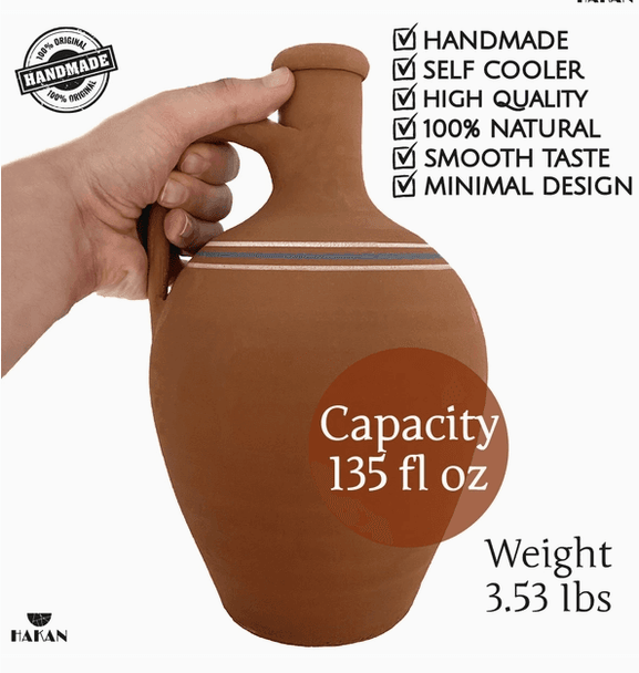 Hakan Handmade Clay Water Pitcher with Cup- Set for Naturally Cool, Refreshing Hydration 
