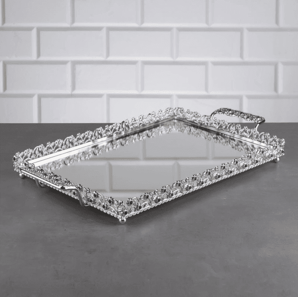 Hakan Elegant Reflection: Rectangular Mirrored Vanity Tray for Chic Jewelry Display 