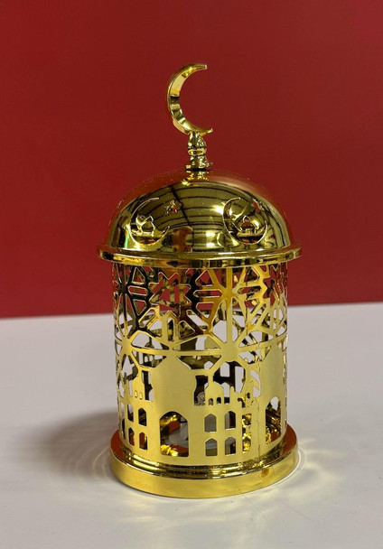  Golden Ramadan Lantern with Crescent Moon Top and Intricate Islamic Cutwork Design 