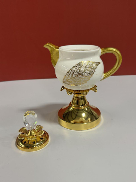  Handcrafted White & Gold Teapot Incense Burner with Crystal Top 