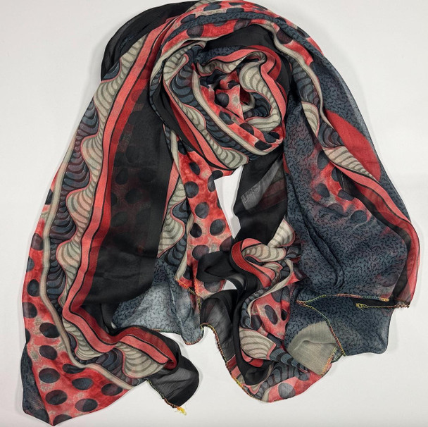  Chiffon Printed Headscarf – Black with Red & Grey Artistic Patterns 
