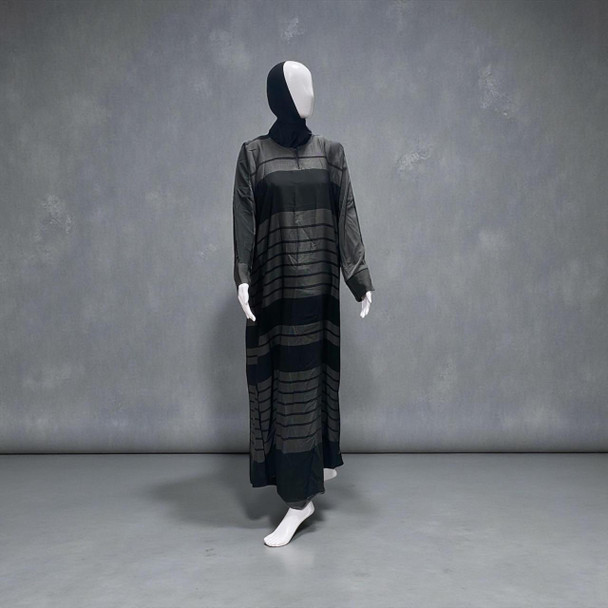  Graphite Gray Long-Sleeved Abaya Dress with Subtle Stripe Detailing 