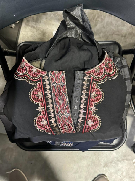  Black Long-Sleeved Abaya Dress with Intricate Maroon and Gold Embroidery 