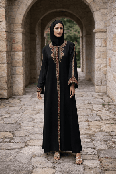  Black Long-Sleeved Abaya Dress with Intricate Maroon and Gold Embroidery 