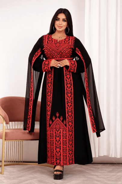  Elegant Black & Red Embroidered Palestinian-Style Abaya – Premium Chiffon Flow with Traditional Detailing 