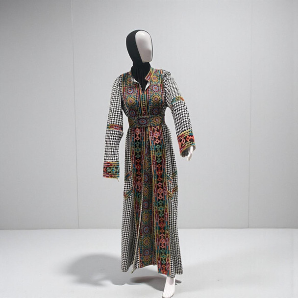 Houndstooth Kaftan with Bold Multicolor Embroidery 