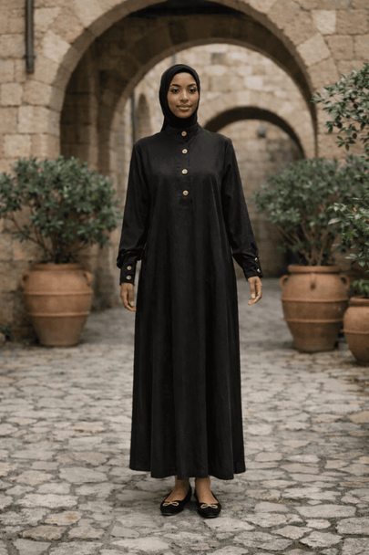  Elegant Black Cuffed Abaya Dress - Size L 