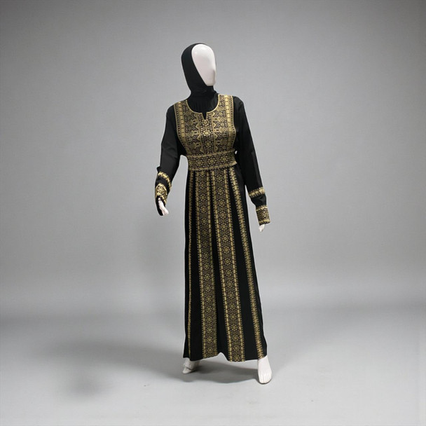  Palestinian Thobe - Traditional Embroidered Maxi Dress for Women (Gold & Black) 