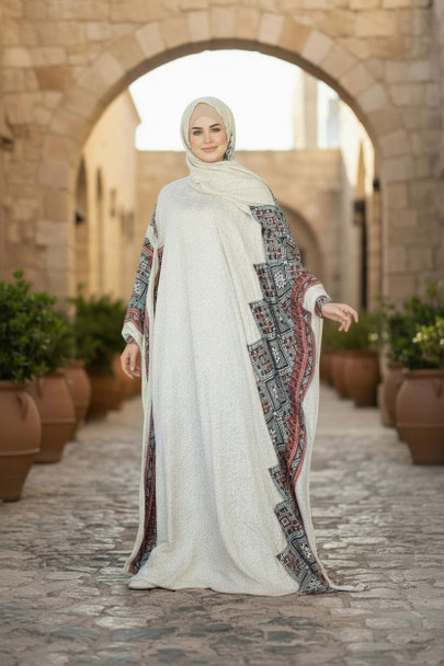  White Kaftan Abaya with Geometric Multicolor Detailing 