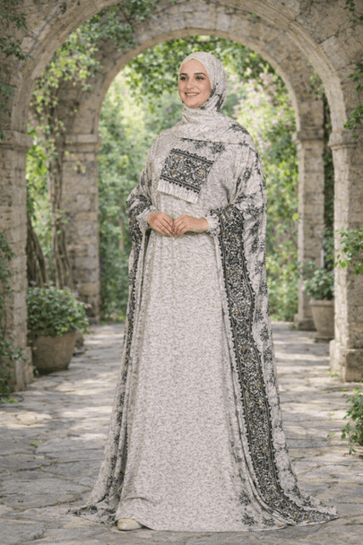  Soft Grey Kaftan with Geometric Printed Panels 