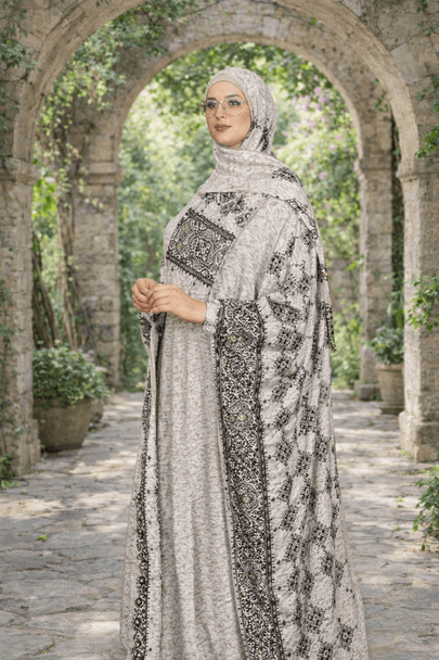  Soft Grey Kaftan with Geometric Printed Panels 