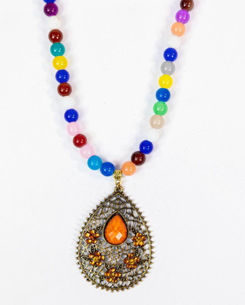  Women's Bach Beaded Multi-Colored Floral Oval Pendant 