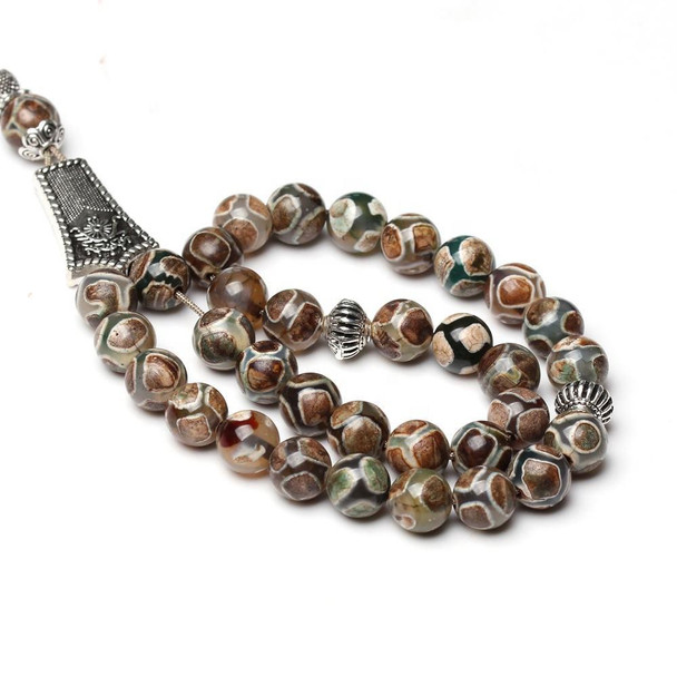 Agate tasbih prayer beads in brown and light green with silver tassel