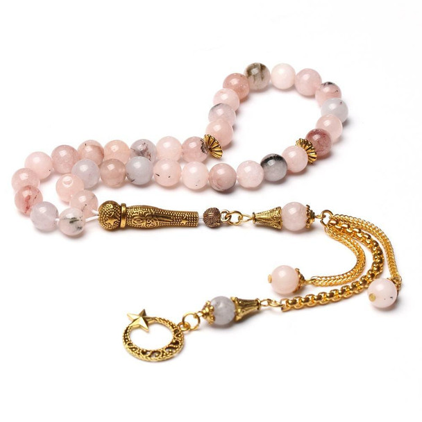 Tasbih Natural Stone Muslim Pink and Gold Prayer Beads