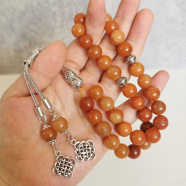 Stone Tasbih Natural Red Light Red Orange and Silver Prayer Beads in Hand