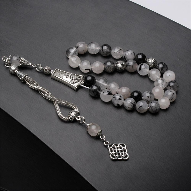 Natural Stone Tasbih Prayer Beads Black Lava and Howlite with Silver Tassel