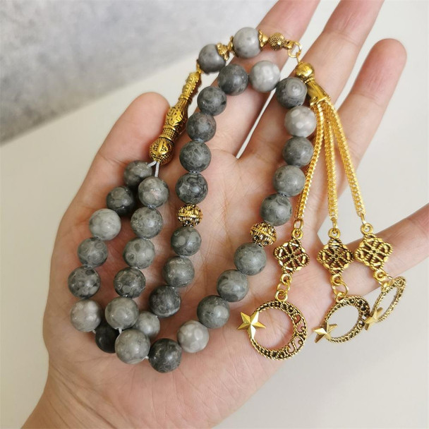 Natural stone tasbih prayer beads with crescent and star tassel design
