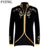 PYJTRL British Style Palace Prince Fashion Black Velvet Gold Embroidery Blazer Wedding Groom Slim Fit Suit Jacket Singers Coat