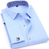 Men's Dress Shirts French Cuff Blue White Long Sleeved Business Casual Shirt Slim Fit Solid Color French Cufflinks Shirt