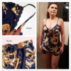 COLROVIE Graphic Print Satin Pajama Set V Neck Spaghetti Strap Sleeveless Sleepwear Women Sexy Winter Pajama Set          