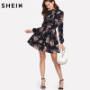 SHEIN Autumn Floral Women Dresses Multicolor Elegant Long Sleeve High Waist A Line Chic Dress Ladies Tie Neck Dress