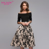 S.FLAVOR Summer autumn Floral Print Patchwork Dress Women Off Shoulder Sexy Party vestidos Female Slash Neck Casual Dresses