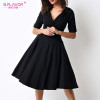S.FLAVOR women V-neck vintage A-line dress 2022 sexy black knee-length Autumn dress Elegant waist vestidos de festa