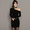2018 Autumn Knitted Party Dress Halter Bodycon Long Sleeve Button Black Off Shoulder Mini Sexy Club Women Dresses Vestidos
