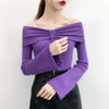 Casual Women Cotton Sweater Off Shoulder Pullover Flare Sleeve Knitted Ladies Autumn Lace Up Tops Fashion Jumper Solid Sweaters