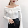 Casual Women Cotton Sweater Off Shoulder Pullover Flare Sleeve Knitted Ladies Autumn Lace Up Tops Fashion Jumper Solid Sweaters