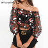 Ladies Mesh Top Flower Transparent Blouse Women 2018 Floral Embroidery Blusa Femme Sexy Off Shoulder Sleeve Tops 2 Pieces Set