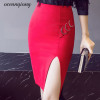 Women Skirt 2018 Midi Bodycon Office Lady Split Iron Rings Knee Length High Waist Stretch Sexy Pencil Skirt Jupe Femme Red Black