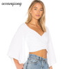 Sexy Off Shoulder Women Blouse Shirt Elegant Solid Blouse Blusas Long Sleeve Flare Sleeve  2018 Spring Slim Crop Tops Women