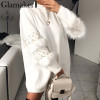 Glamaker Pompom fur pearl knitted long jumper Women grey turtleneck winter sweater Female loose autumn pullover pull femme 2018