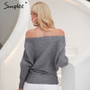 Simplee Off shoulder sexy elastic knitting pullover female Bat long sleeve knitted sweater women Fashion jumper pull knit shirt
