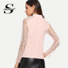 Sheinside Pink Women Blouse Tie Neck Lace Sleeve Fitted Top Office Ladies Long Sleeve Shirt 2018 Autumn Womens Tops And Blouses