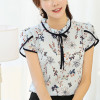 2017 Summer Floral Print Chiffon Blouse Ruffled Collar Bow Neck Shirt Petal Short Sleeve Chiffon Tops Plus Size Blusas Femininas