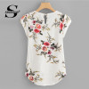 Sheinside Beige Cap Sleeve Casual Tops Office Ladies Round Neck Regular Fit Floral Asymmetrical 2018 Elegant Women Summer Blouse