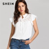 SHEIN White Knot Floral Lace Yoke Top Women Stand Collar Ruffle Butterfly Sleeve Plain Blouse 2018 Summer Elegant Blouse