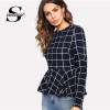 Sheinside Plaid Peplum Ruffle Office Ladies Work Elegant Blouse Grid Long Sleeve Fall Top Women 2018 Elegant Blouse Shirt