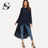 Sheinside Hollow Out High Low Casual Top Women Navy Asymmetrical Plain Long Sleeve Loose Office Ladies Elegant Autumn Blouse
