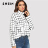 SHEIN Black and White High Neck  Plaid Grid Print Blouse Elegant Long Sleeve Highstreet Blouses Women Autumn Top Blouse