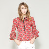 nvyou gou Spring Summer Elegant Long Sleeve Ruffle Layer Chiffon Blouse Women Vintage Floral Print Fashion Bow Tie Casual Shirt 