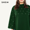 SHEIN Plus Size Black Stand Collar Pearl Beaded Long Flare Sleeve Stand Collar Women Casual Autumn Solid Top Blouses